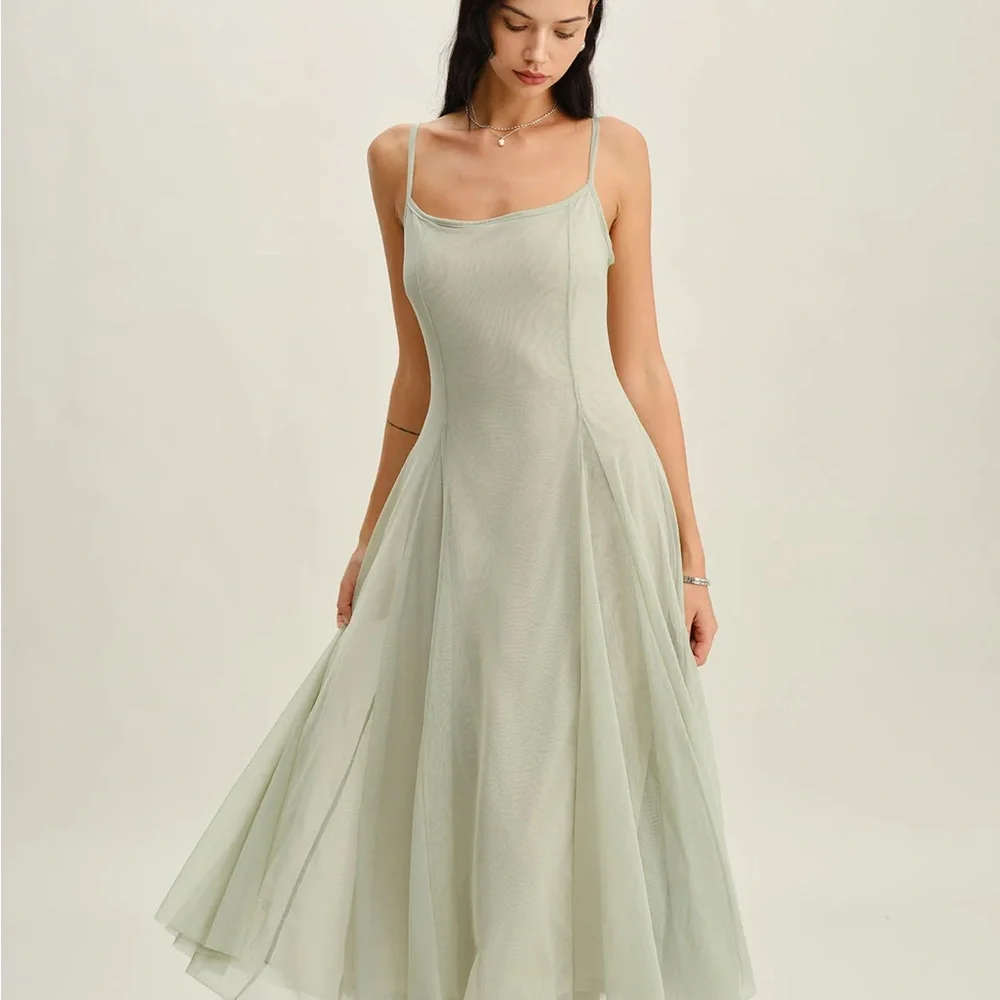 Green A-Line Slip Pleated Midi Dress - Picture 4 of 9